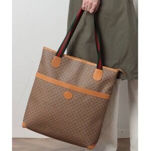 Gucci Tote Bag Womens Brown Good Micro GG Supreme Web Stripe Vintage Large
